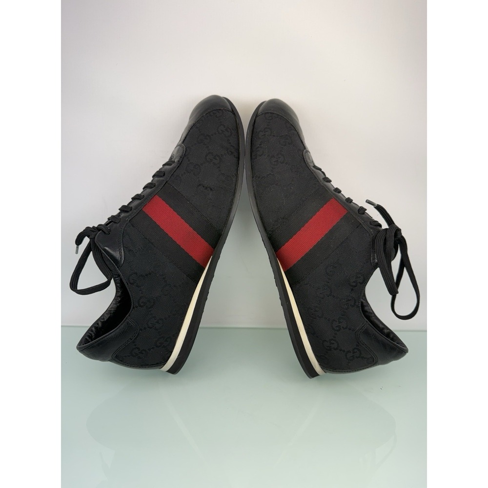 Gucci GG Canvas Low Top Sneakers Black Red Web Stripe Mens 8.5 D Leather Trim - Picture 3 of 9